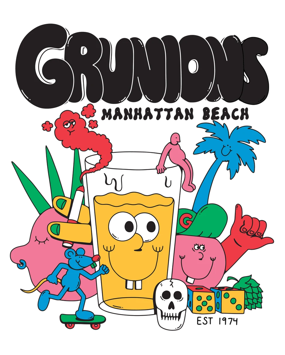 Grunions hand-drawn artwork — a smiling pint of beer surrounded by beach and skate doodles